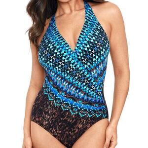 Miraclesuit Women's Untamed Wrapsody One Piece Swimsuit Blue/Brown Sz 10 NWOT